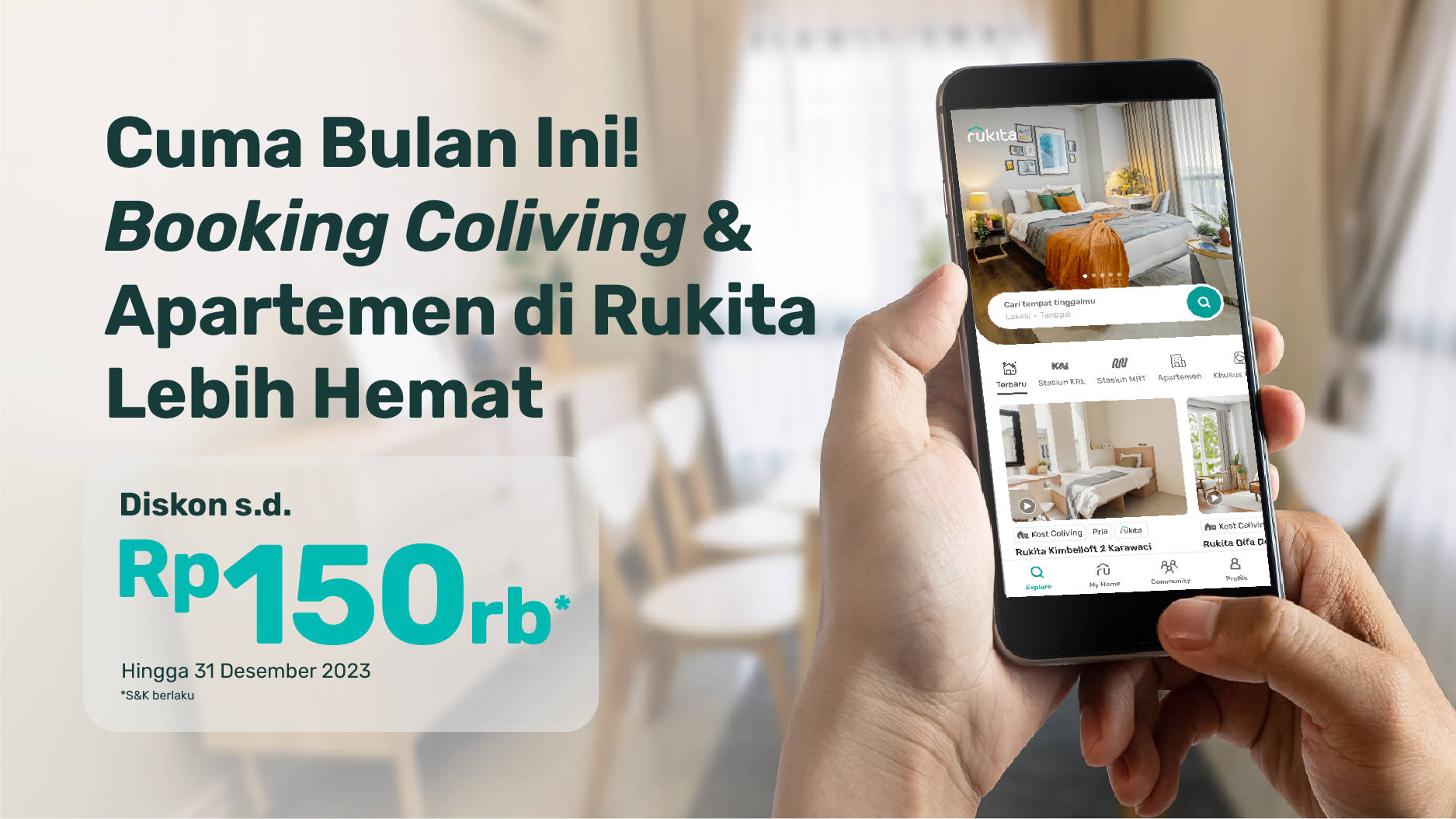 Diskon Rp150K untuk Booking Online via Web dan Aplikasi Rukita
